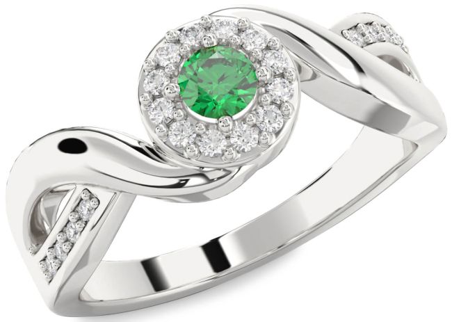 Diamond Emerald Silver Halo Round Promise Ring
