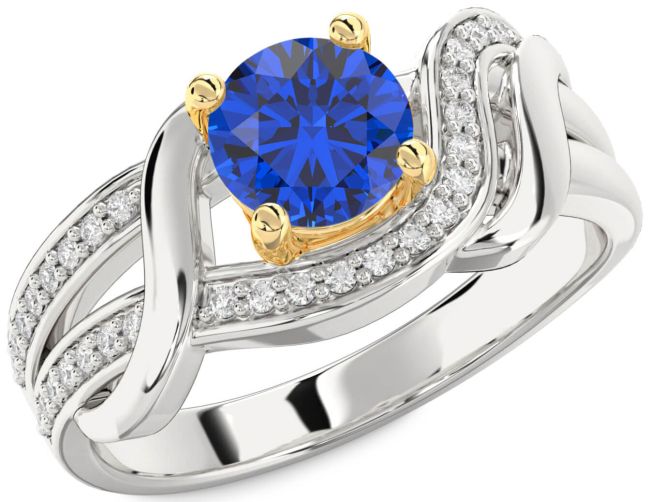 Diamond Blue Sapphire White Yellow Gold Round Solitaire Engagement Ring