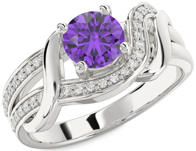 Diamond Amethyst Silver Round Solitaire Engagement Ring