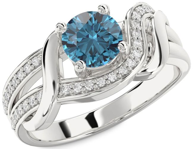 Blue Diamond Silver Round Solitaire Engagement Ring