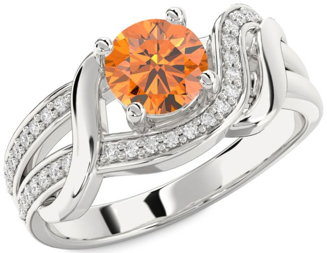 Diamond Citrine Silver Round Solitaire Engagement Ring