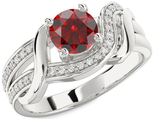 Diamond Garnet Silver Round Solitaire Engagement Ring
