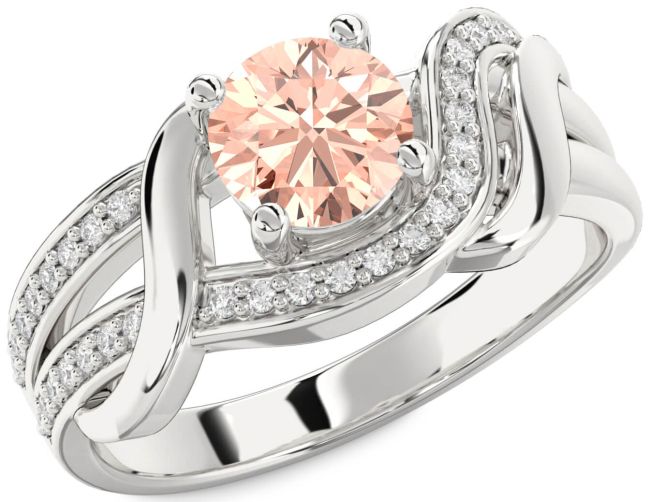 Diamond Morganite Silver Round Solitaire Engagement Ring