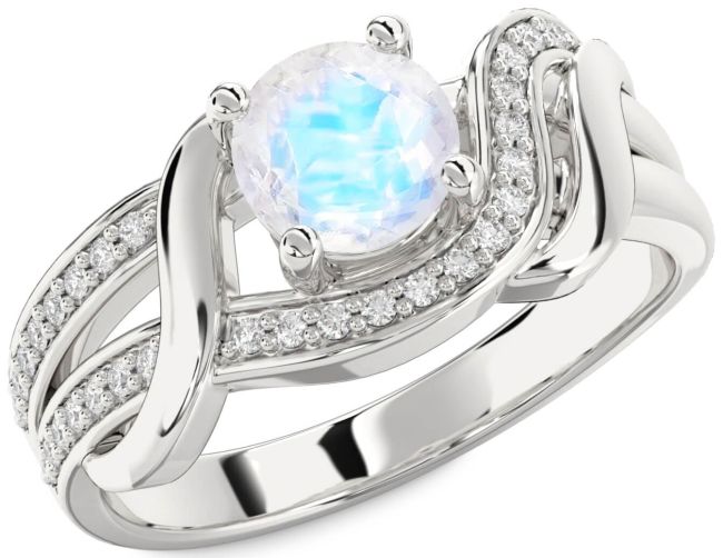 Diamond Moonstone Silver Round Solitaire Engagement Ring