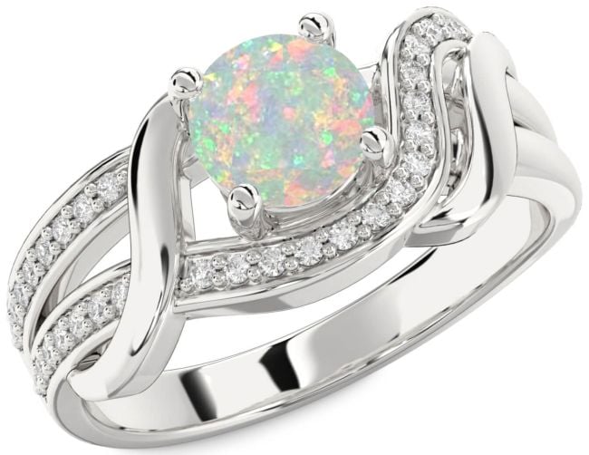 Diamond Opal Silver Round Solitaire Engagement Ring