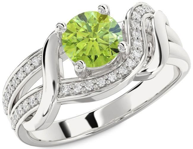 Diamond Peridot Silver Round Solitaire Engagement Ring