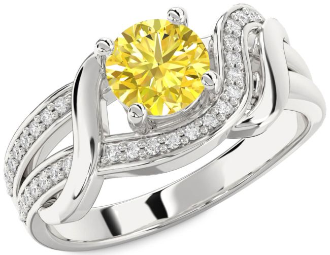 Yellow Diamond Silver Round Solitaire Engagement Ring