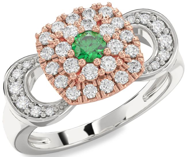 Diamond Emerald Platinum & Rose Gold Halo Round Promise Ring