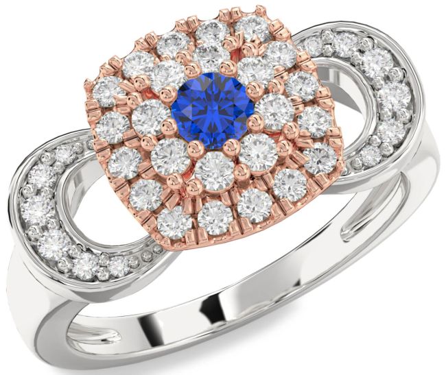 Diamond Blue Sapphire Silver & 10K Rose Gold Halo Round Promise Ring