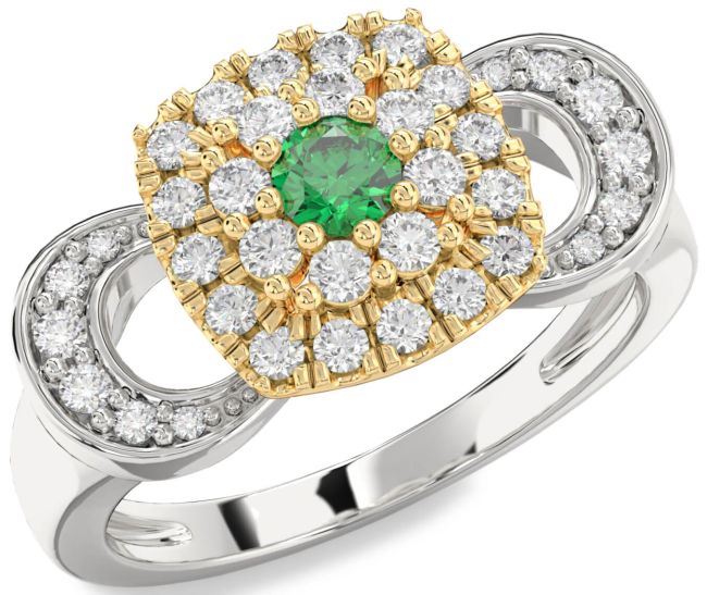 Diamond Emerald White Yellow Gold Halo Round Promise Ring