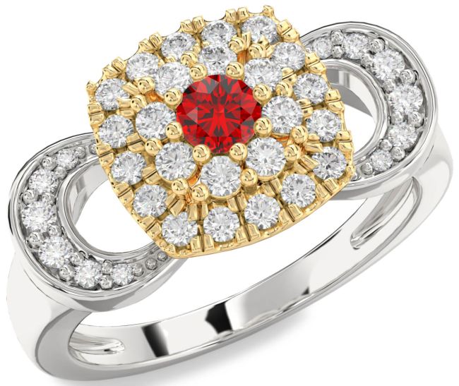 Diamond Ruby Platinum & Yellow Gold Halo Round Promise Ring