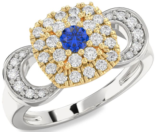 Diamond Blue Sapphire Silver & 10K gold Halo Round Promise Ring