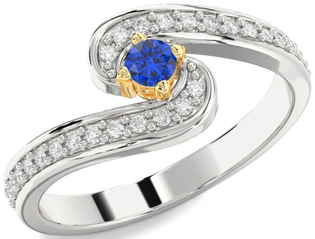 Diamond Blue Sapphire Gold Silver Round Pave Promise Ring
