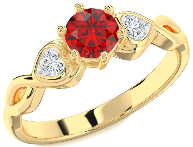 Diamond Ruby Gold Heart Three Stone Engagement Ring