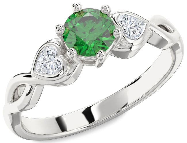 Diamond Emerald Silver Heart Three Stone Engagement Ring