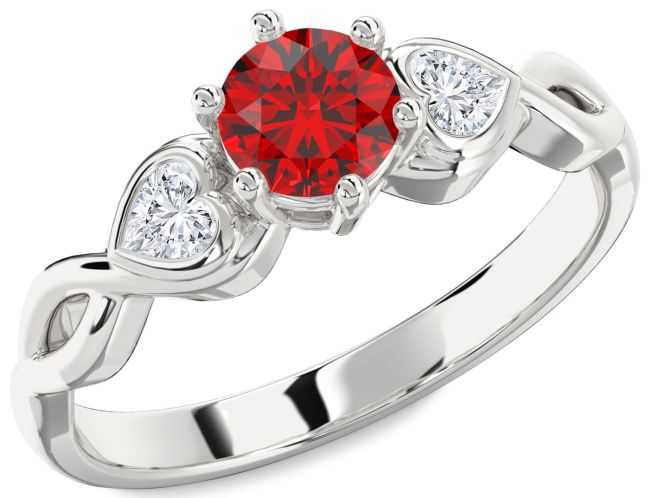 Diamond Ruby Silver Heart Three Stone Engagement Ring