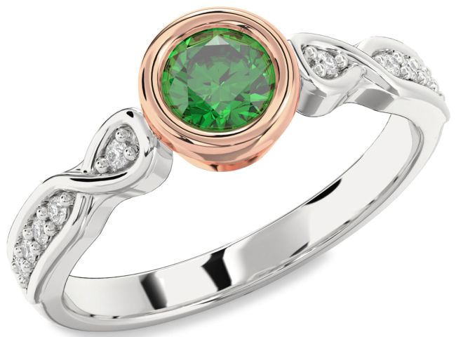 Diamond Emerald Rose Gold Silver Round Solitaire Engagement Ring