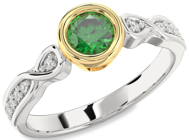 Diamond Emerald Gold Silver Round Solitaire Engagement Ring
