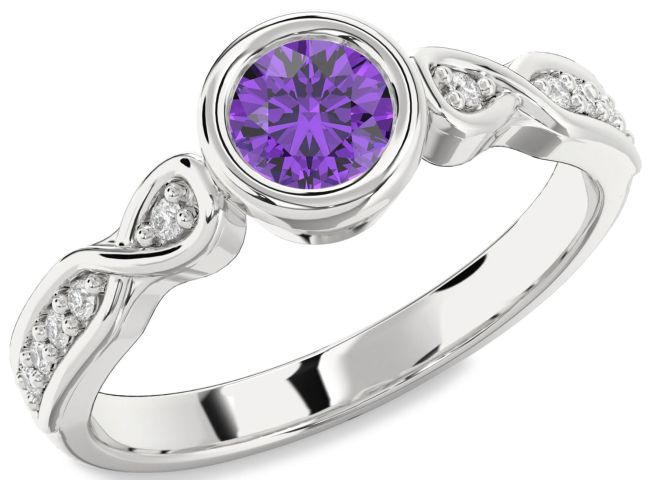 Diamond Amethyst Silver Round Solitaire Engagement Ring