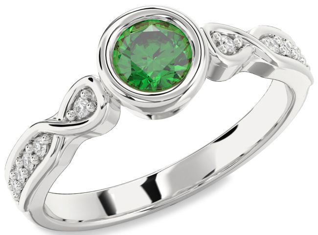 Diamond Emerald Silver Round Solitaire Engagement Ring