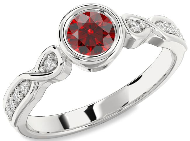 Diamond Garnet Silver Round Solitaire Engagement Ring