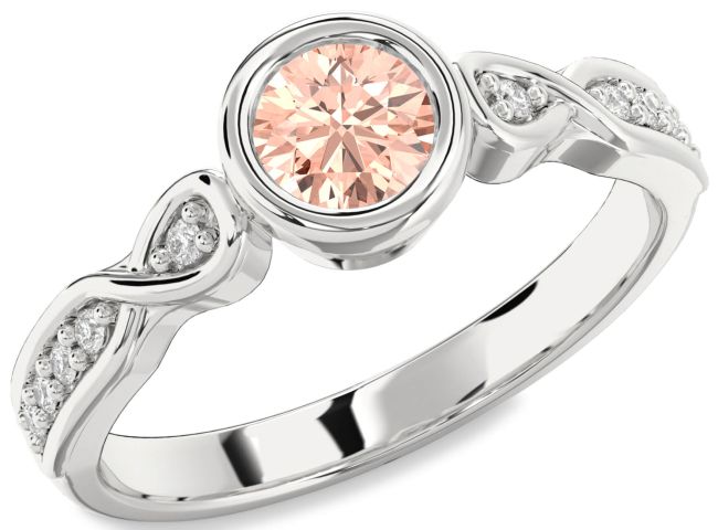 Diamond Morganite Silver Round Solitaire Engagement Ring