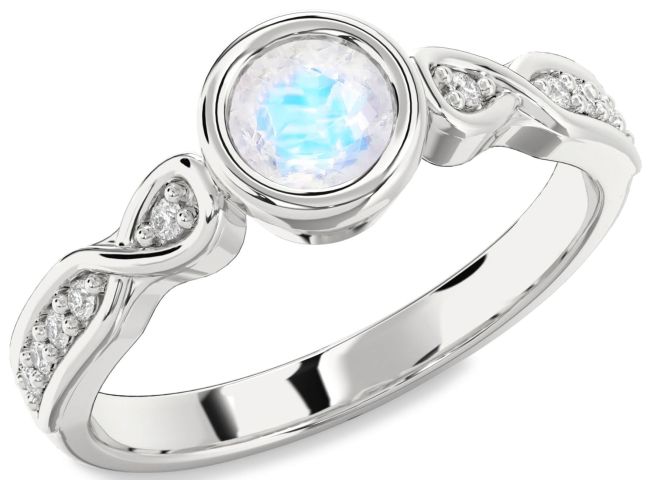 Diamond Moonstone Silver Round Solitaire Engagement Ring