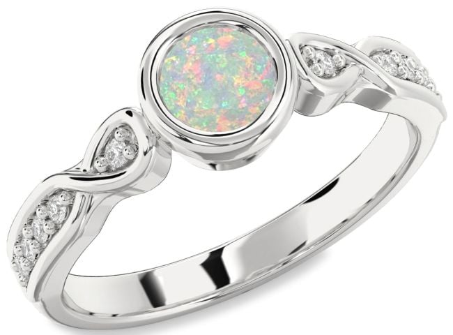 Diamond Opal Silver Round Solitaire Engagement Ring