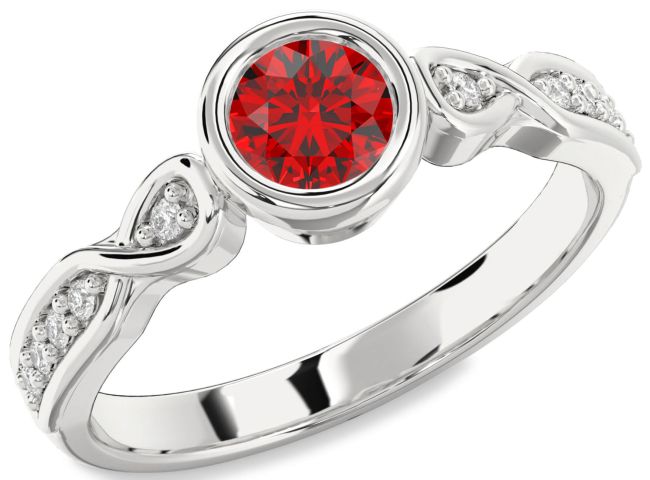 Diamond Ruby Silver Round Solitaire Engagement Ring