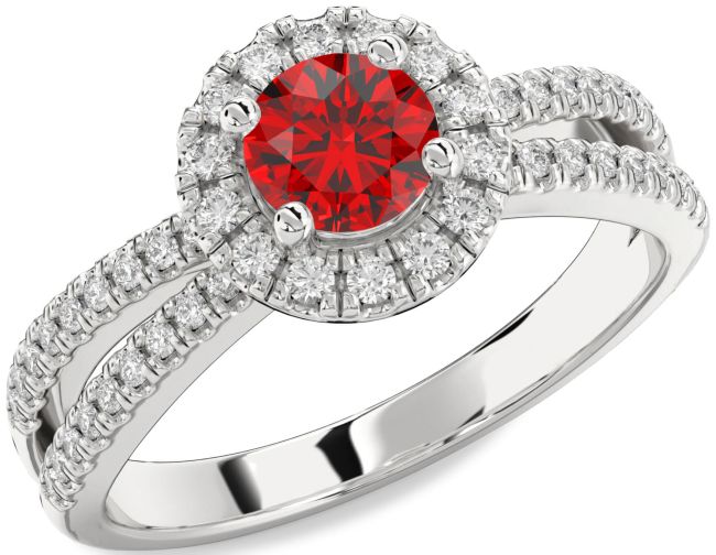 Diamond Ruby Silver Halo Round Pave Engagement Ring