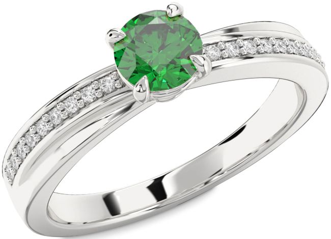 Diamond Emerald Silver Round Solitaire Engagement Ring