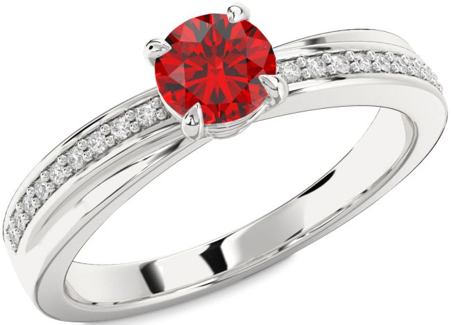 Diamond Ruby Silver Round Solitaire Engagement Ring