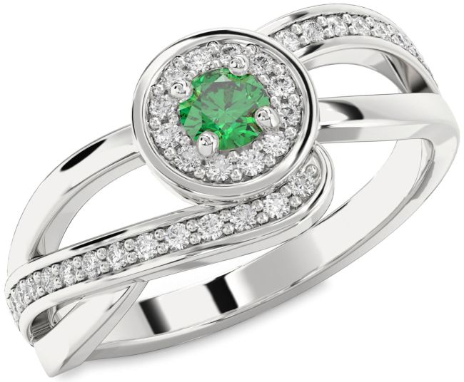 Diamond Emerald Silver Halo Round Promise Ring