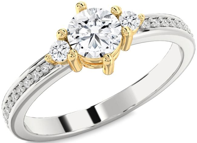 Diamond Gold Silver Round Three Stone Pave Engagement Ring