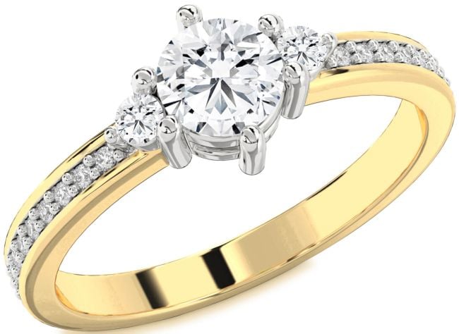 Diamond Gold Silver Round Three Stone Pave Engagement Ring