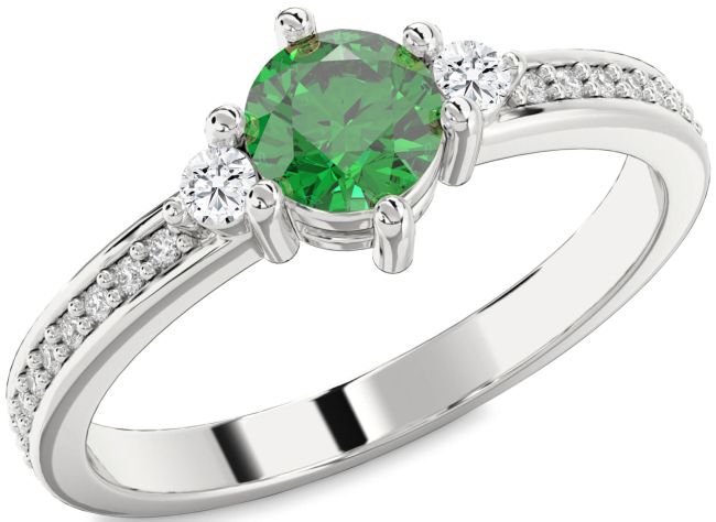 Diamond Emerald Silver Round Three Stone Pave Engagement Ring