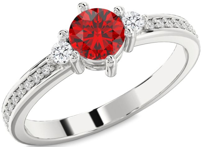 Diamond Ruby Silver Round Three Stone Pave Engagement Ring