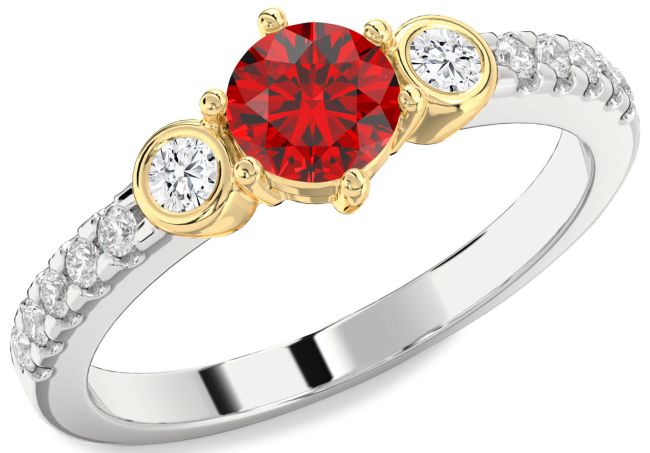 Diamond Ruby Gold Silver Round Three Stone Engagement Ring