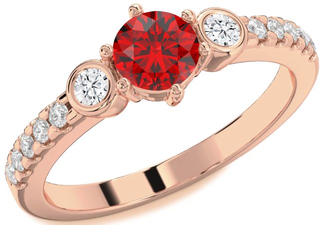 Diamond Ruby Rose Gold Round Three Stone Engagement Ring