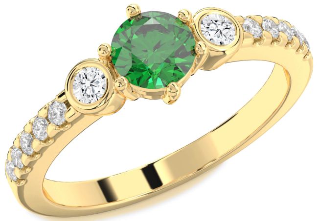 Diamond Emerald Gold Silver Round Three Stone Engagement Ring