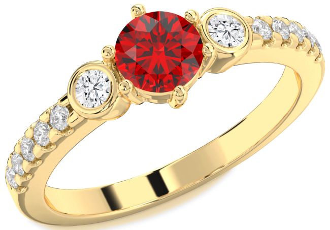 Diamond Ruby Gold Round Three Stone Engagement Ring