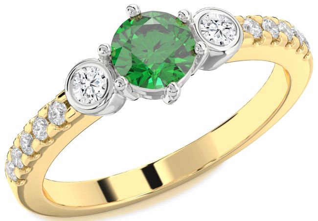 Diamond Emerald Gold Silver Round Three Stone Engagement Ring