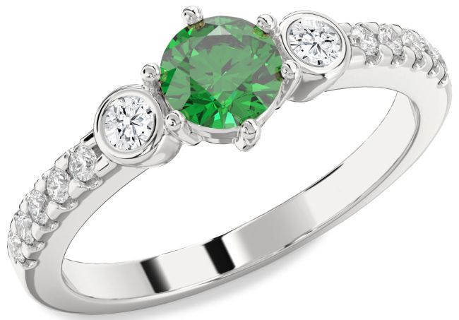 Diamond Emerald Silver Round Three Stone Engagement Ring