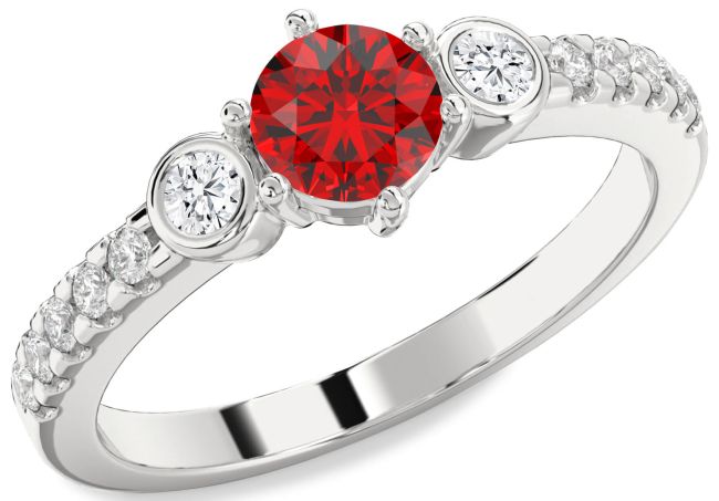 Diamond Ruby Silver Round Three Stone Engagement Ring