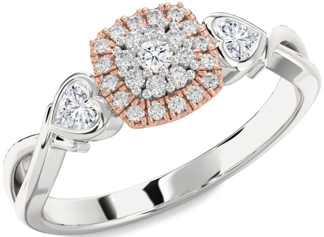 Diamond Rose Gold Silver Heart Three Stone Engagement Ring