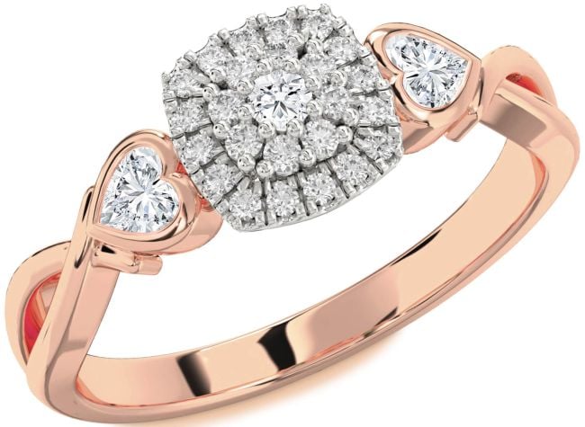 Diamond Rose Gold Silver Heart Three Stone Engagement Ring