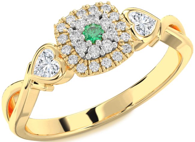 Diamond Emerald Gold Heart Three Stone Engagement Ring