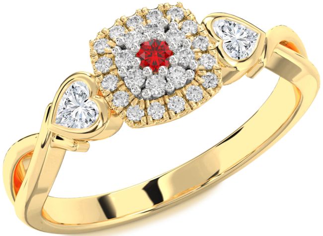 Diamond Ruby Gold Heart Three Stone Engagement Ring