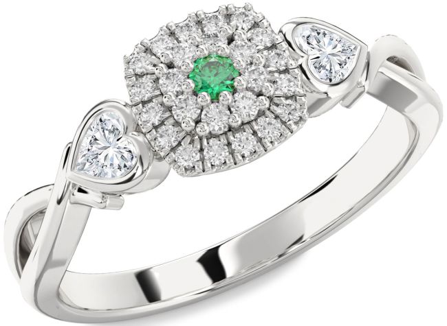 Diamond Emerald Silver Heart Three Stone Engagement Ring