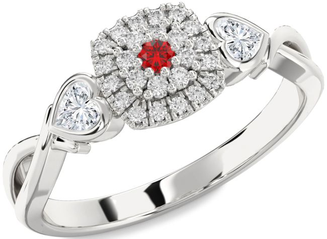 Diamond Ruby Silver Heart Three Stone Engagement Ring